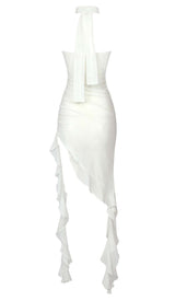 RUFFLE ROSETTE MESH MIDI DRESS IN WHITE