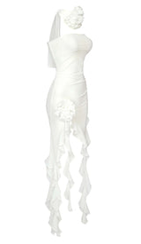 RUFFLE ROSETTE MESH MIDI DRESS IN WHITE