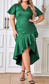 RUFFLE TRIM WRAP MIDI DRESS IN GREEN