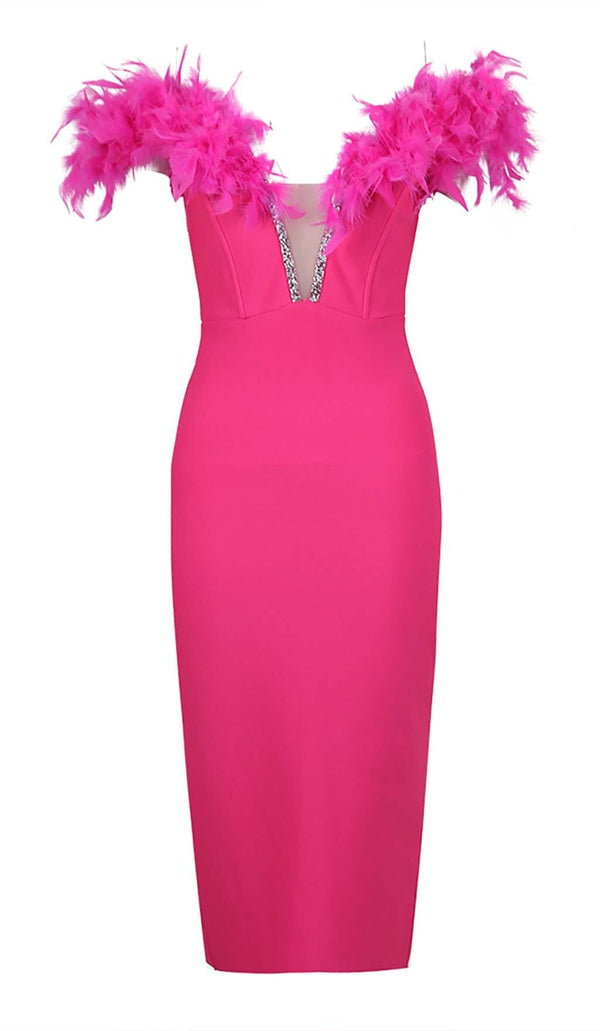 FEATHER PLUNGE MIDI DRESS IN ROSE
