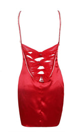 SATIN BOW BACK MINI DRESS IN WINE RED