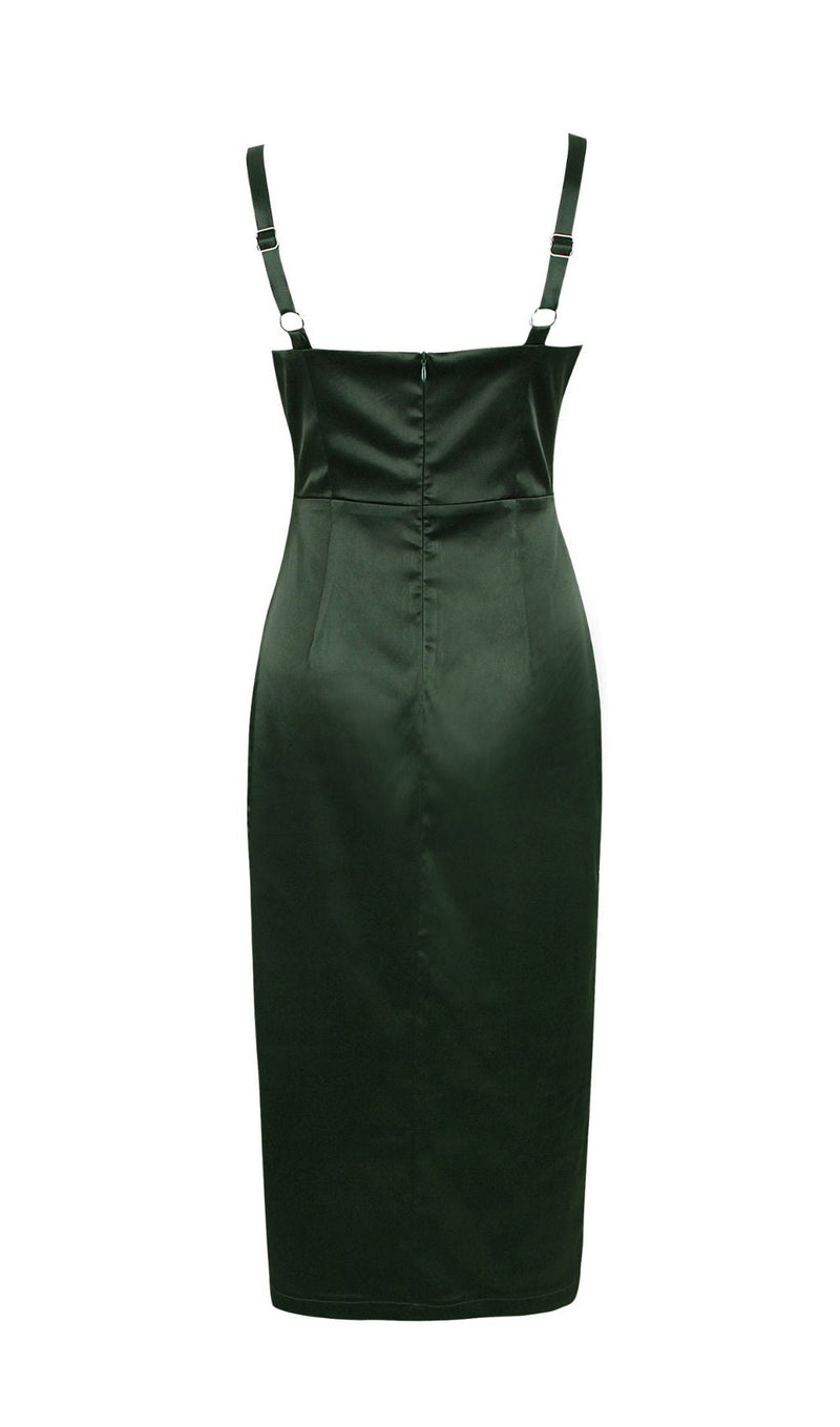 SATIN MIDI DRESS IN BLACKISH GREEN