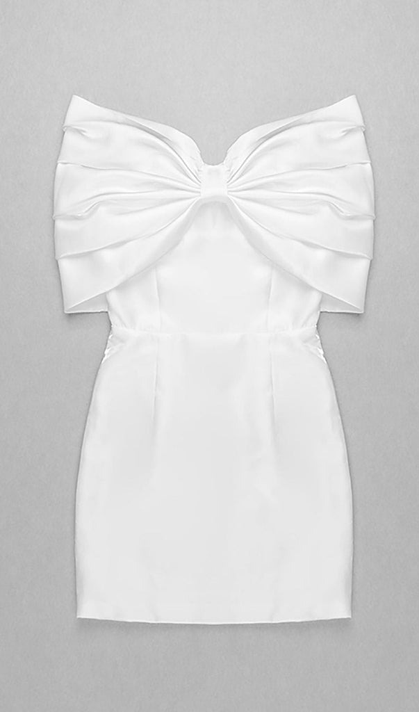 SATIN PINK BOW OFF SHOULDER MINI DRESS IN WHITE