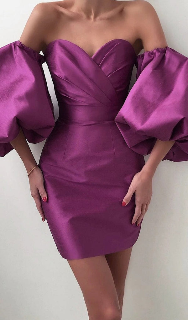 SATIN PUFF SLEEVE MINI DRESS IN DRAK PURPLE