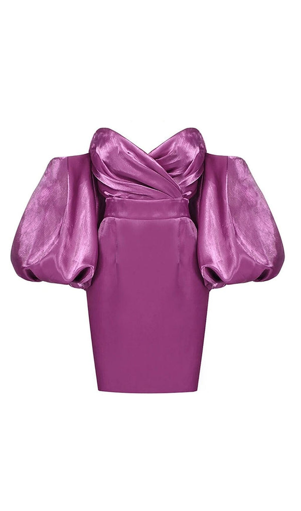 SATIN PUFF SLEEVE MINI DRESS IN DRAK PURPLE