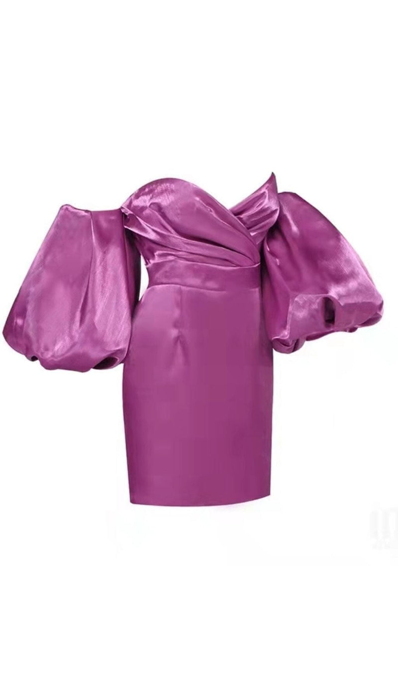 SATIN PUFF SLEEVE MINI DRESS IN DRAK PURPLE