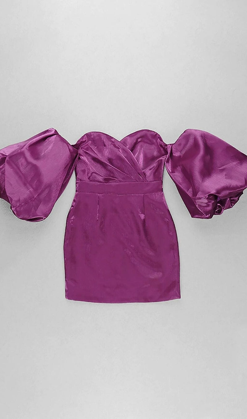 SATIN PUFF SLEEVE MINI DRESS IN DRAK PURPLE