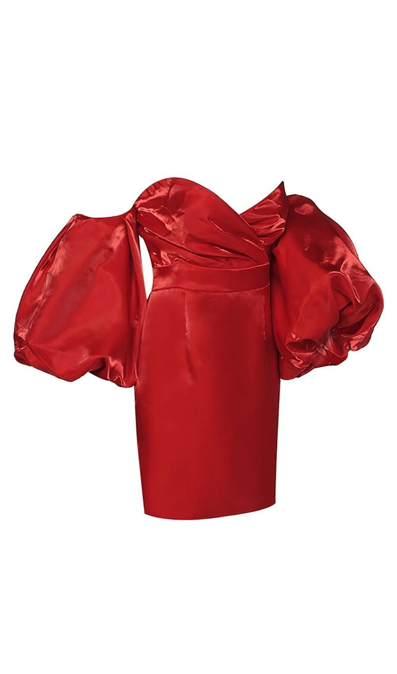 SATIN PUFF SLEEVE MINI DRESS IN RED