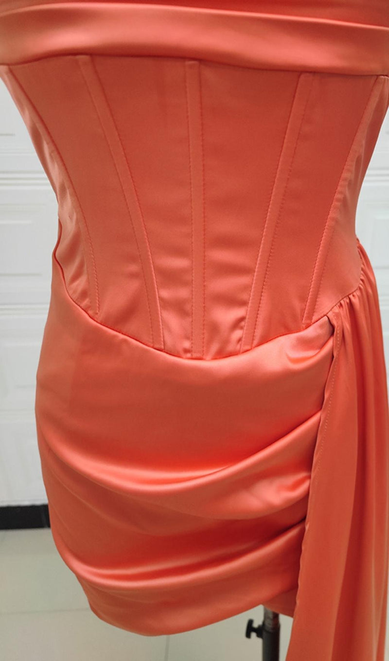 SATIN RUCHED MINI DRESS IN ORANGE