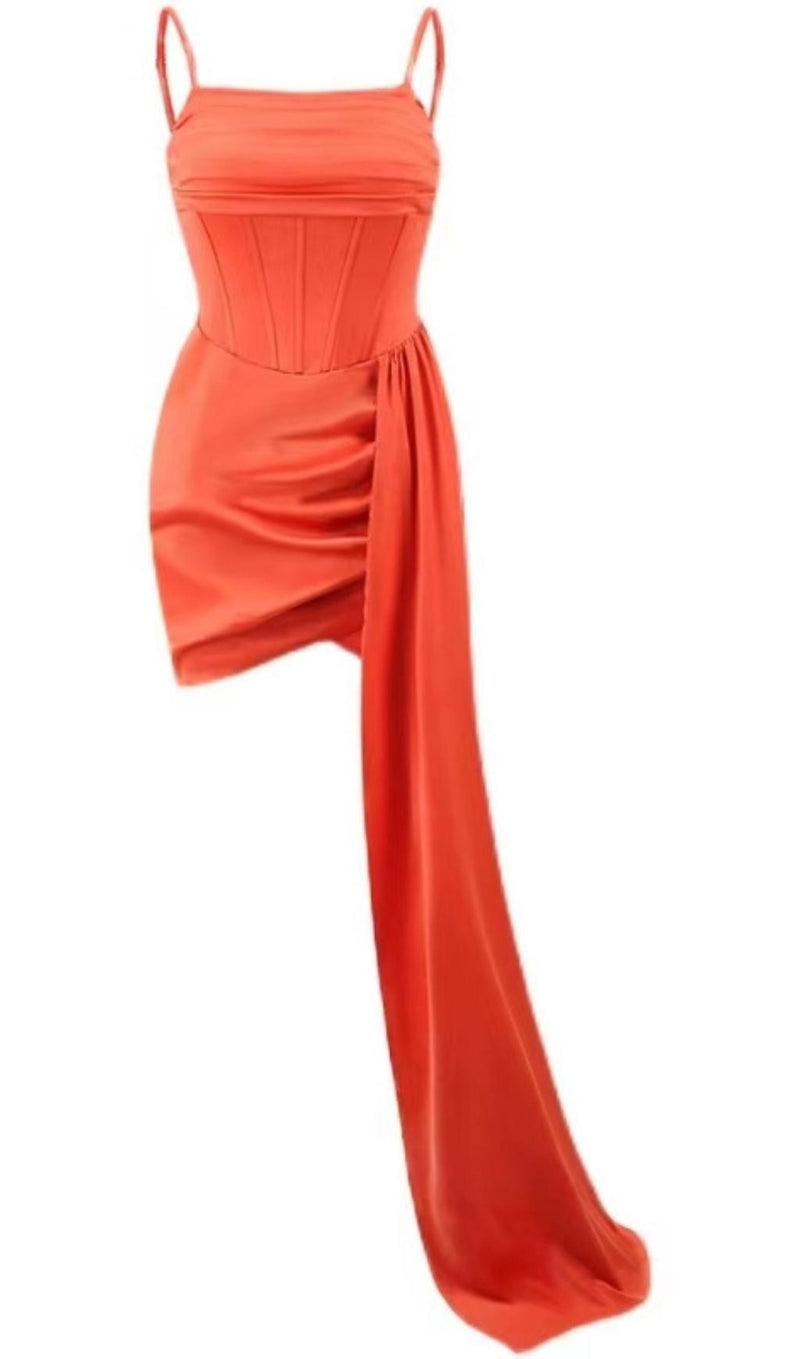 SATIN RUCHED MINI DRESS IN ORANGE