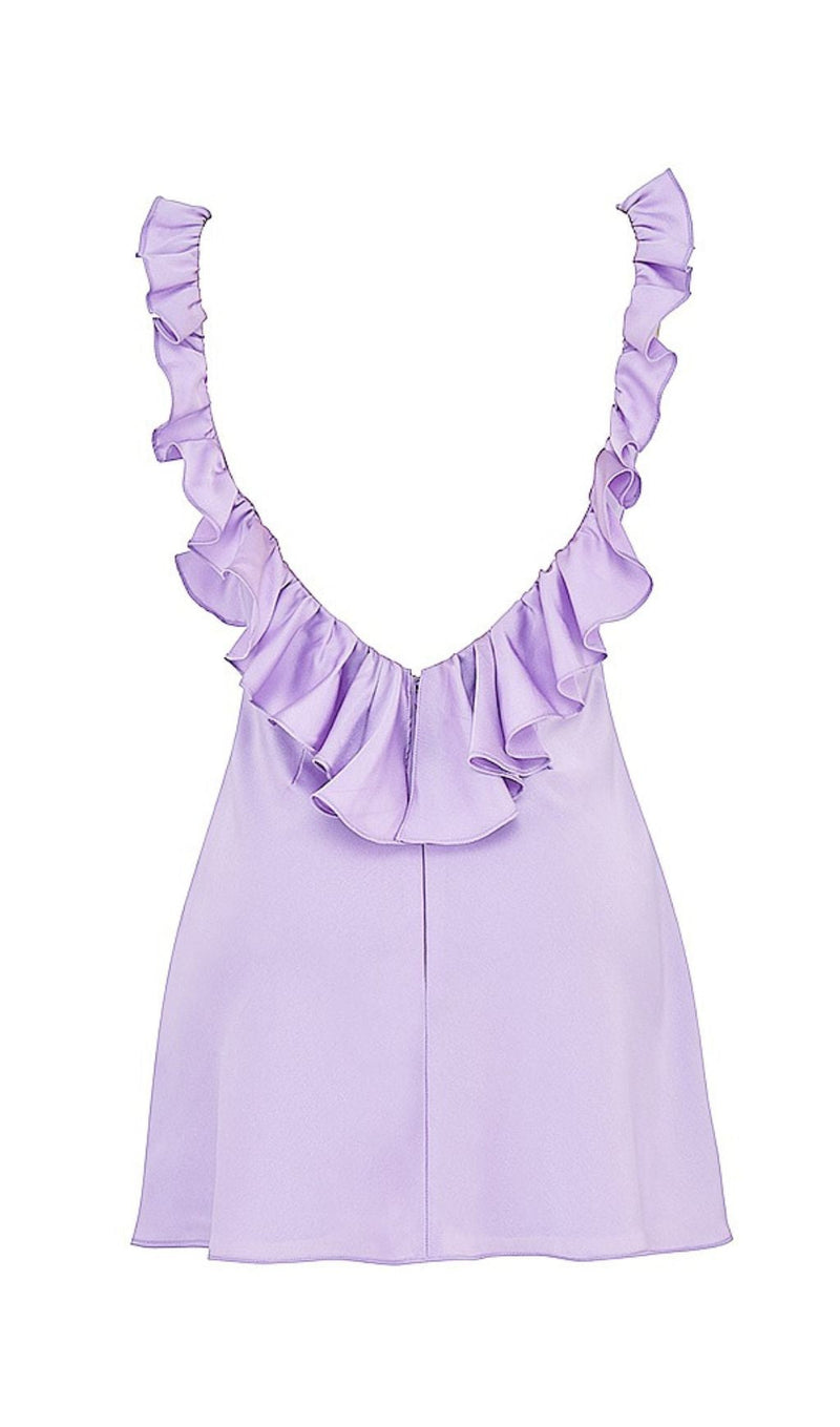 SATIN RUFFLE MINI DRESS IN PURPLE