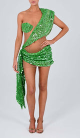 SEQUIN DRAPE MESH MINI DRESS IN EMERALD