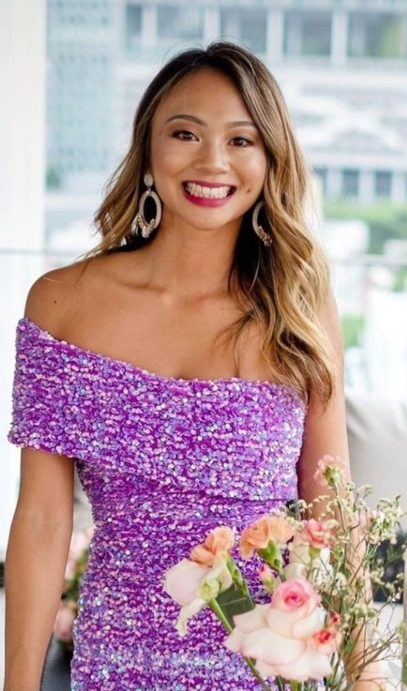 SEQUIN STRAPLESS MIDI DRESS IN PURPLE