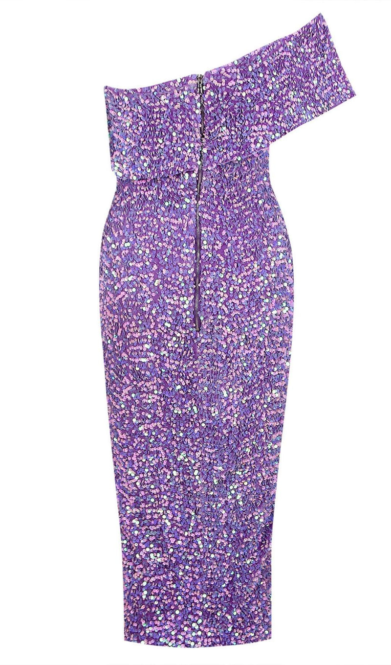 SEQUIN STRAPLESS MIDI DRESS IN PURPLE