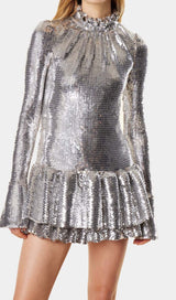 SEQUIN RUFFLE MINI DRESS IN METALLIC SILVER