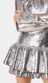 SEQUIN RUFFLE MINI DRESS IN METALLIC SILVER