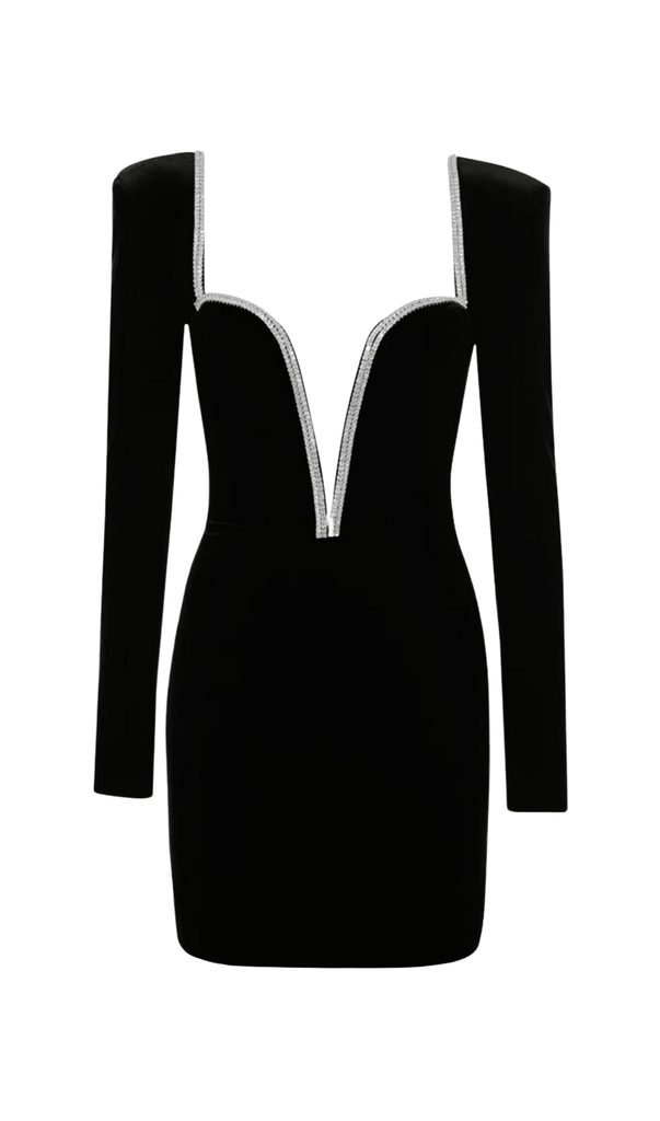 CRYSTAL V NECK MINI DRESS IN BLACK