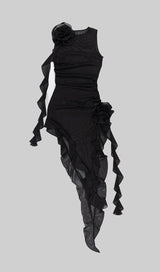 PERSPECTIVE RUFFLE MIDI DRESS IN BLACK