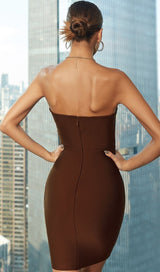 STRAPLESS BANDAGE MINI DRESS IN BROWN