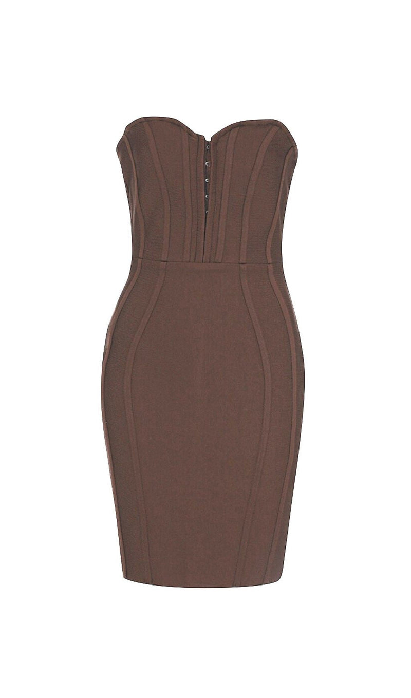 STRAPLESS BANDAGE MINI DRESS IN BROWN