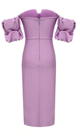 STRAPLESS DRAPED SLEEVE SLITS BANDAGE DRESS IN PURPLE