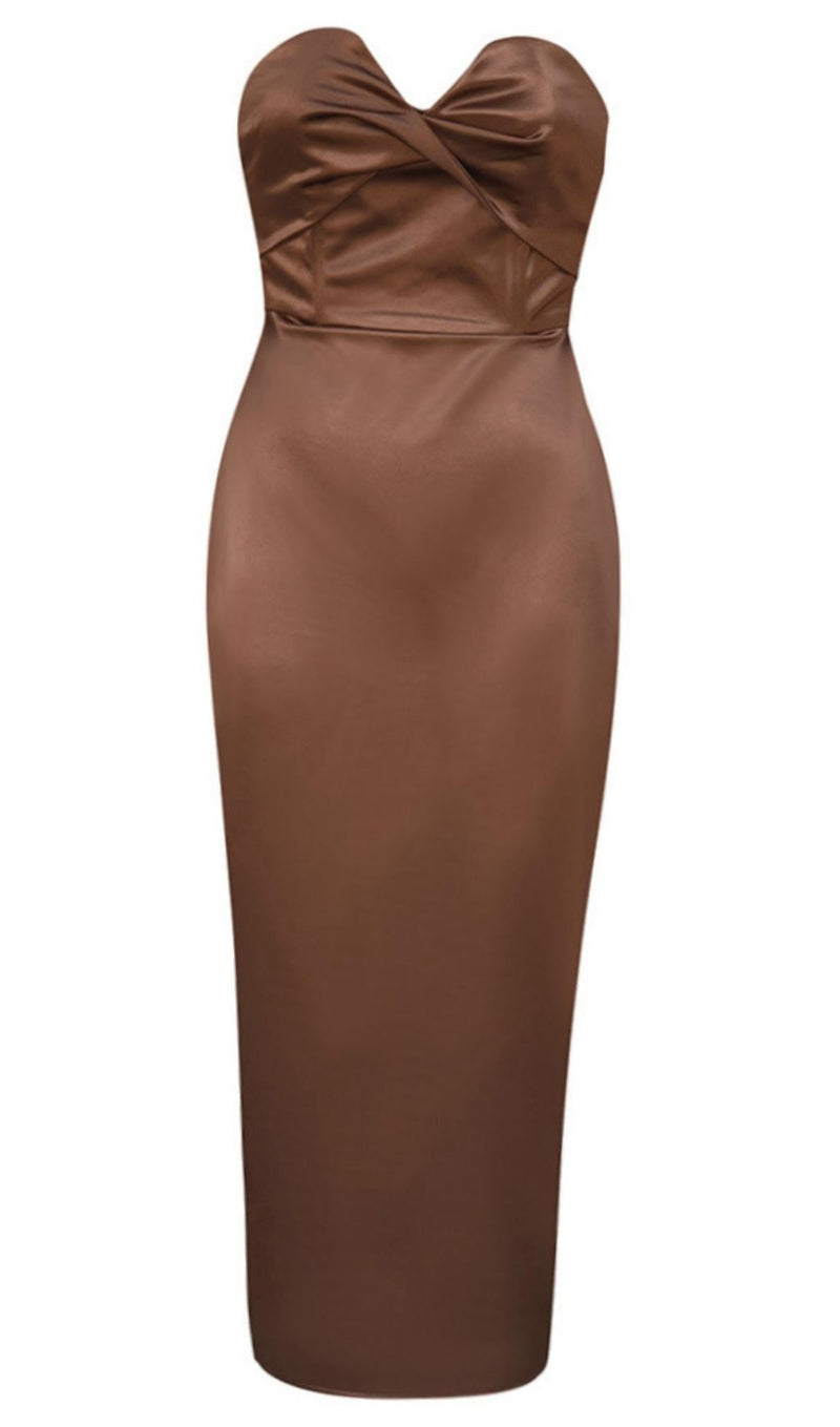 STRAPLESS SPLIT DRESS IN BROWN