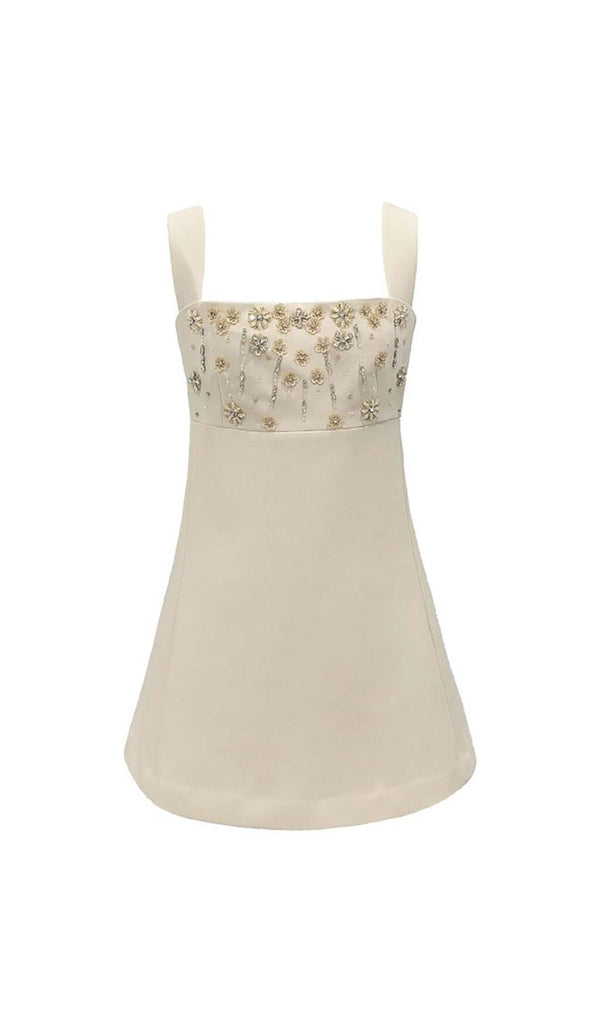 STRAPPY CRYSTAL EMBELLISHED MINI DRESS IN BEIGE