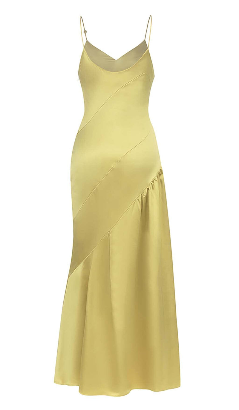 STRAPPY SATIN MIDI DRESS IN PALE OCHRE