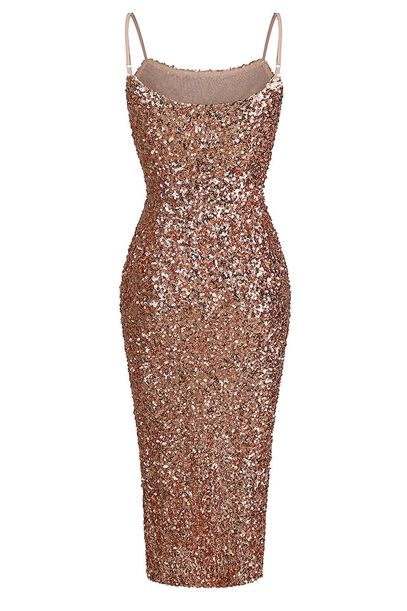 STRAPPY SEQUINS SLIT MIDI DRESS IN GOLD