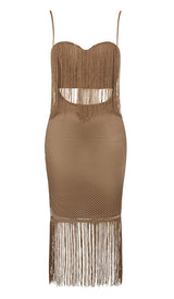 TASSEL MESH MIDI DRESS IN BROWN