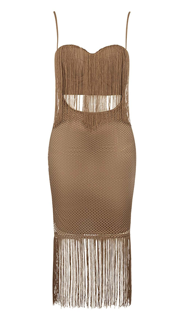 TASSEL MESH MIDI DRESS IN BROWN