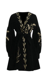 PLANTS EMBROIDERED VELVET COAT DRESS