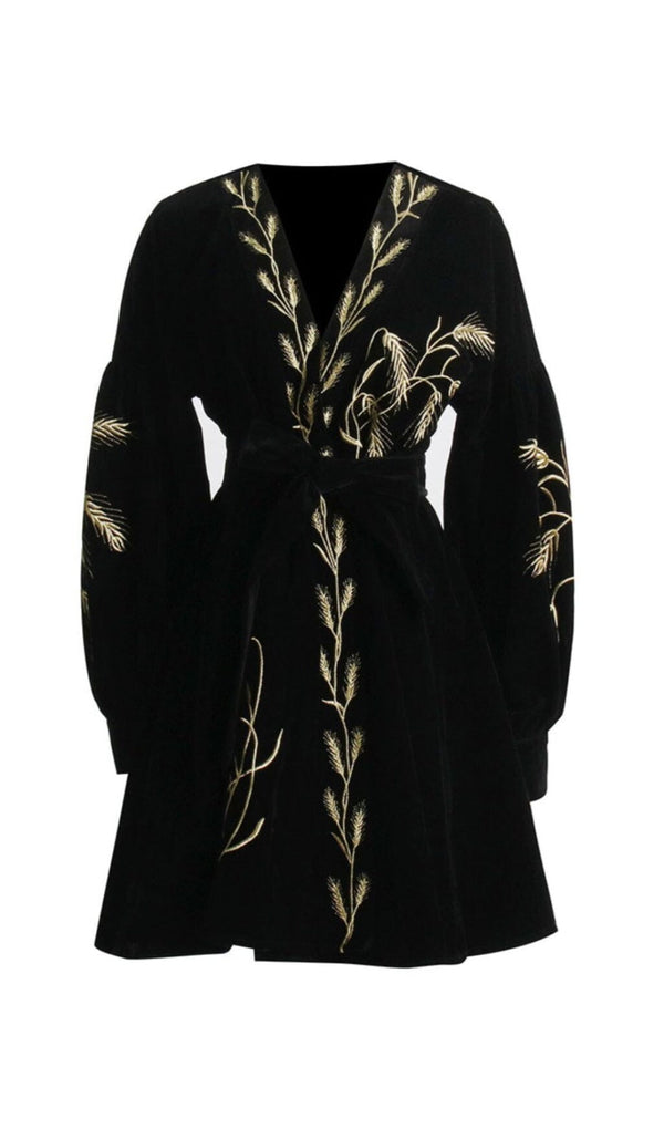 PLANTS EMBROIDERED VELVET COAT DRESS