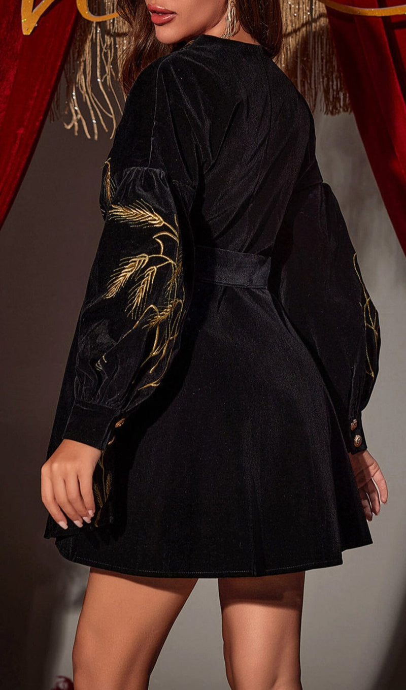 PLANTS EMBROIDERED VELVET COAT DRESS