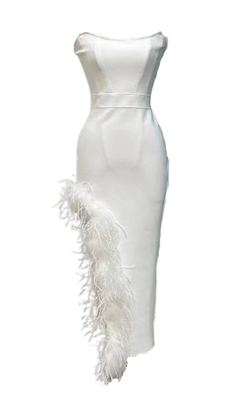 STRAPLESS FEATHER MIDI DRESS IN WHITE