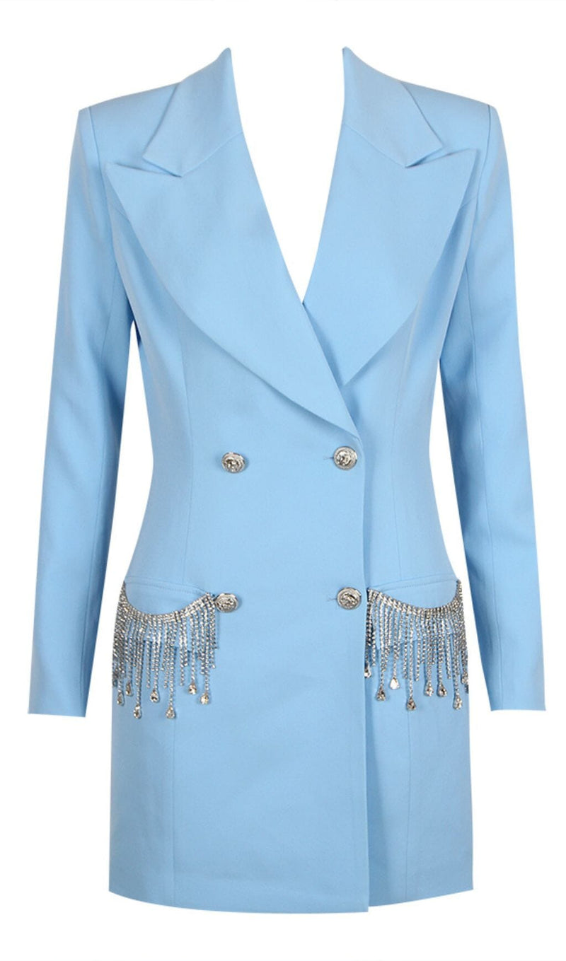 V-NECK BOTTOM JACKET DRESS IN BLUE