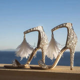 FEATHER PEARL STILETTO HIGH HEELS