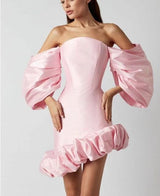 PUFF ASYMMETRIC MINI DRESS IN PINK