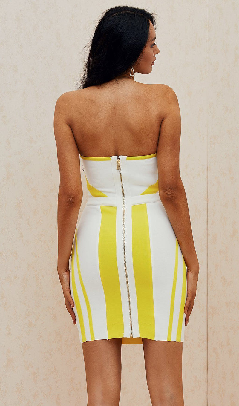 YELLOW AND WHITE STICHING BANDAGE DRESS