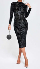 ZEBRA-PATTERN LONG-SLEEVED MIDI DRESS IN BLACK