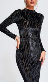 ZEBRA-PATTERN LONG-SLEEVED MIDI DRESS IN BLACK