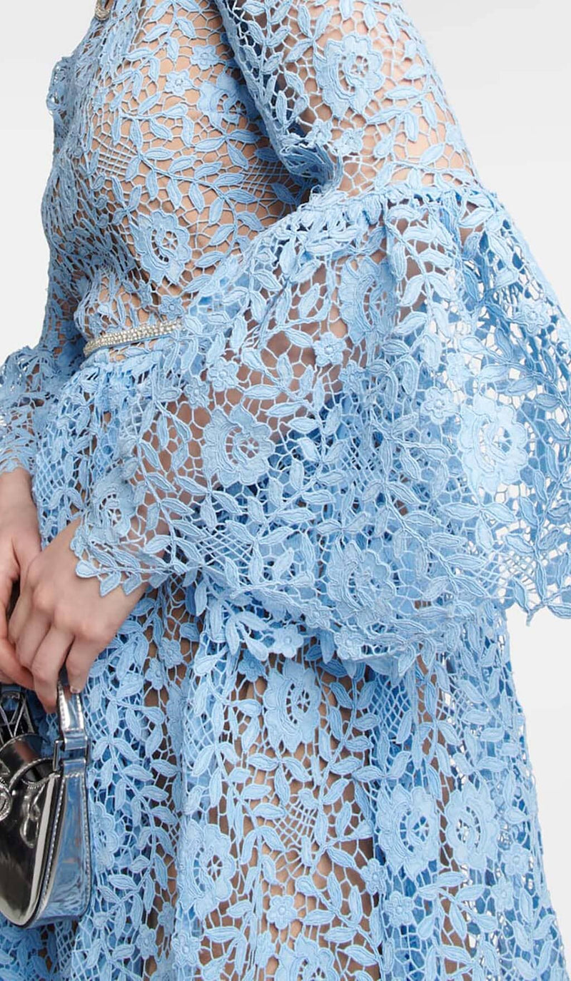 LONG SLEEVE ROSE LACE MAXI DRESS IN BLUE