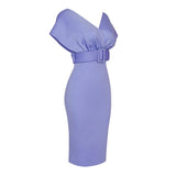 OFF SHOULDER V NECK BODYCON MIDI DRESS IN PURPLE