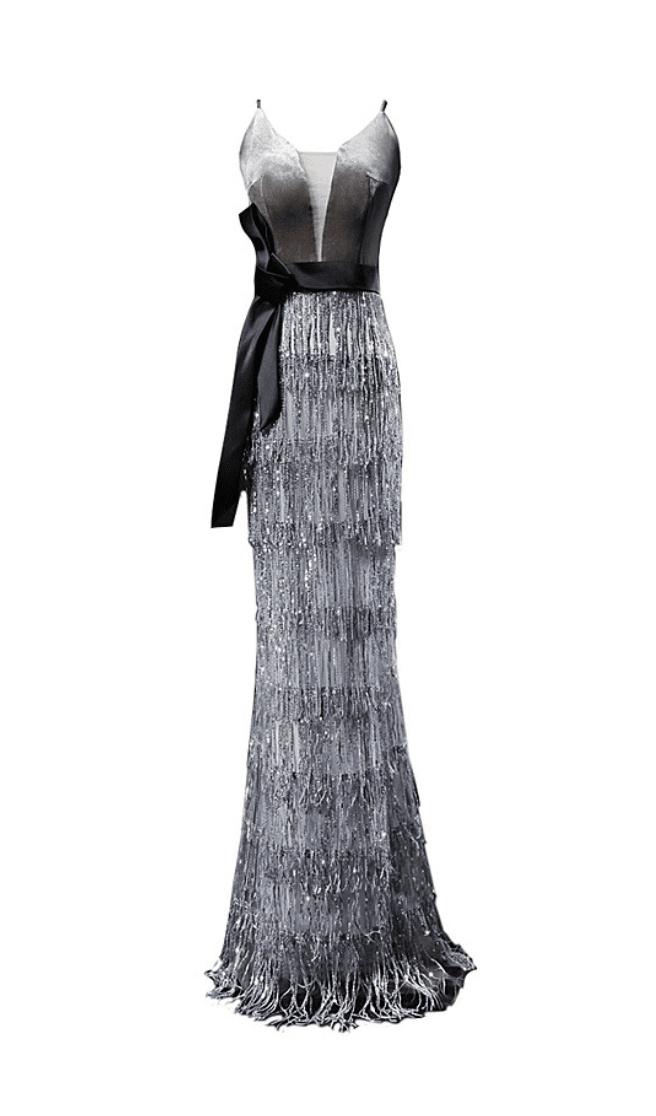 VELVET TASSEL SEXY TIE-DOWN MAXI DRESS IN GREY