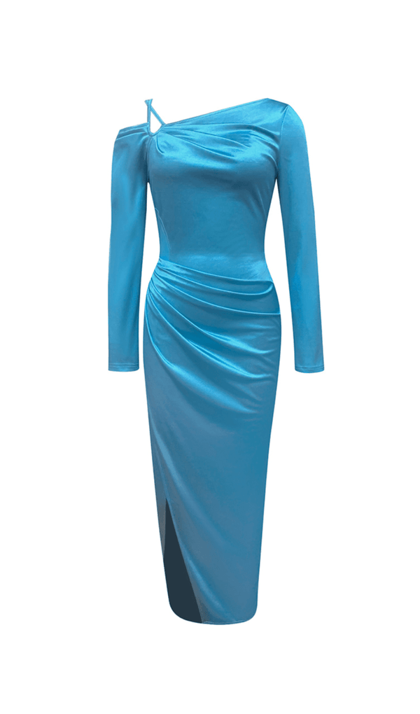 SATIN HIGH SPLIT HALTER NECK STRAPLESS DRESS IN MARINE BLUE