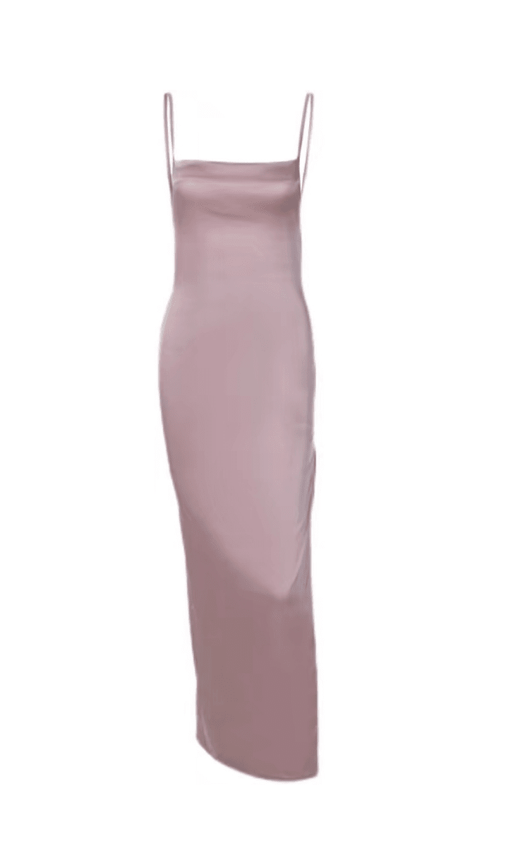 SATIN BACKLESS STRAP SPLIT HALTER MAXI DRESS IN PINK