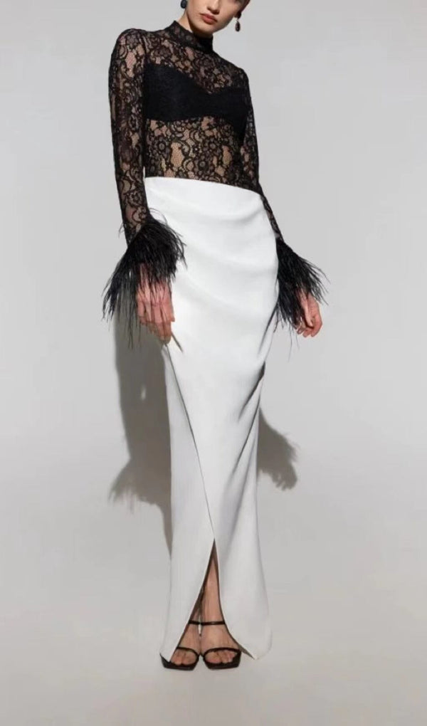 SPLICED LACE FEATHER SLIT DRESS IN BLACK AND WHITE