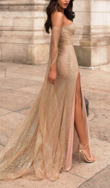 HIGH SPLIT GORGEOUS RHINESTONE DROP SLEEVE DRESS IN CHAMPAGNE