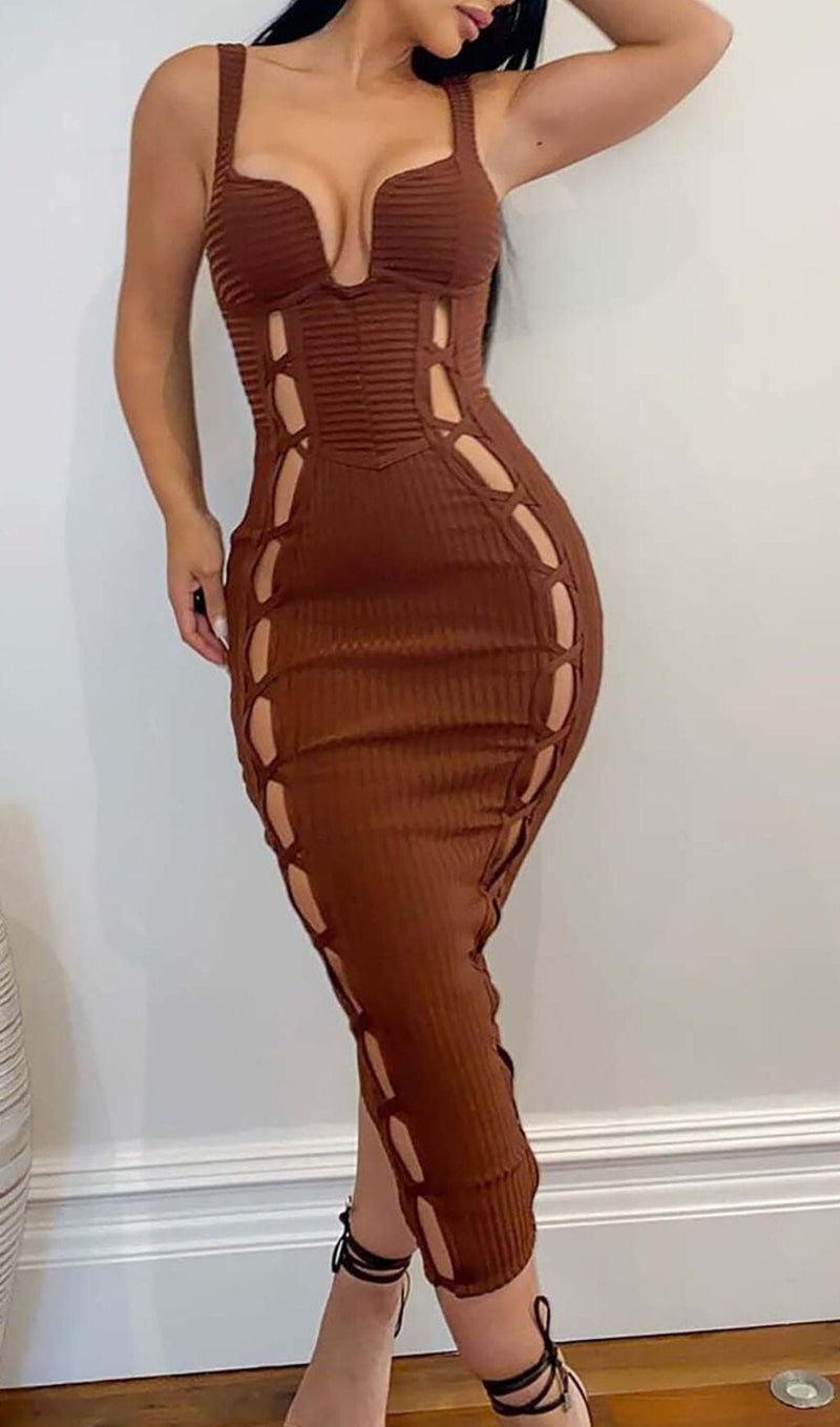 CUT OUT FAUX LACE UP MIDI DRESS