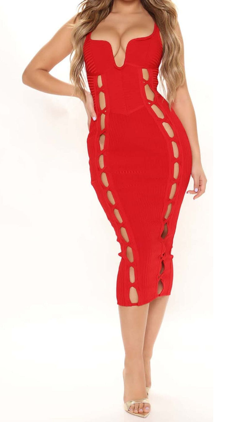 CUT OUT FAUX LACE UP MIDI DRESS